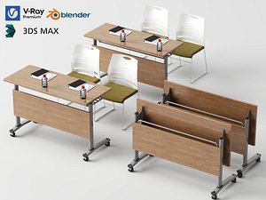 3D model Foldable Training Desk Chair Set 3D Model