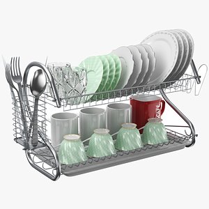 Dish Rack With Dishes And Cups 3D