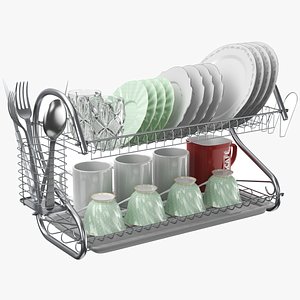 Dish Rack With Dishes And Cups