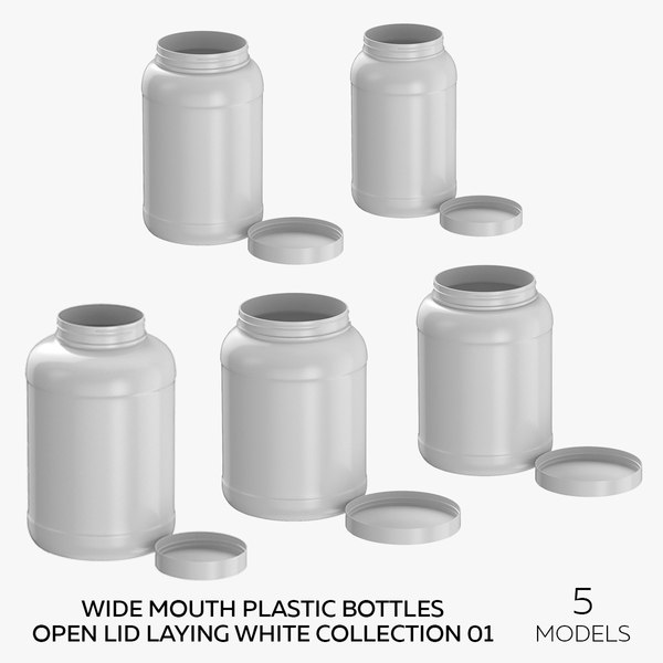 Wide Mouth Plastic Bottles Open Lid Laying White Collection 01 - 5 Models 3D model