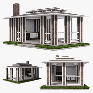 Gazebo with fireplace and summer kitchen 3D model