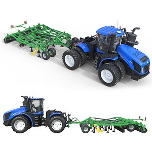 3D New Holland T9 Tractor and Wheel Cultivator