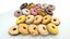 3D Doughnut or donut collection glazed with colorful berry glazing and chocolate