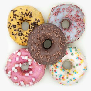 3D Doughnut or donut collection glazed with colorful berry glazing and chocolate