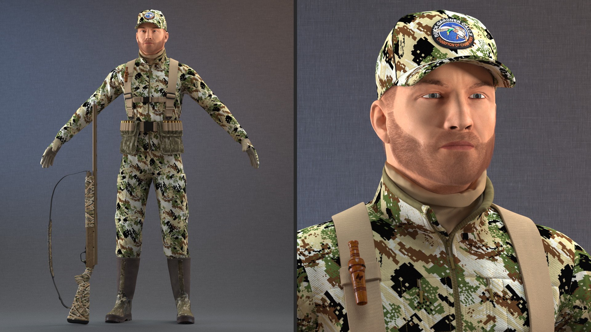 Duck Hunter With Gun A-pose in Forest Camo Fur 3D model https://p.turbosquid.com/ts-thumb/0p/ODKef4/0Y/duckhunterwithgunaposeinforestcamofur3dsmodel005/jpg/1663280573/1920x1080/fit_q87/58e7855ecec939054f14123ebc3cdb4472f11512/duckhunterwithgunaposeinforestcamofur3dsmodel005.jpg