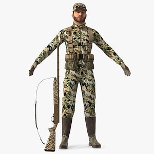Duck Hunter With Gun A-pose in Forest Camo Fur 3D model
