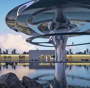 Modern Landmark Structure over Reflective Water Pool