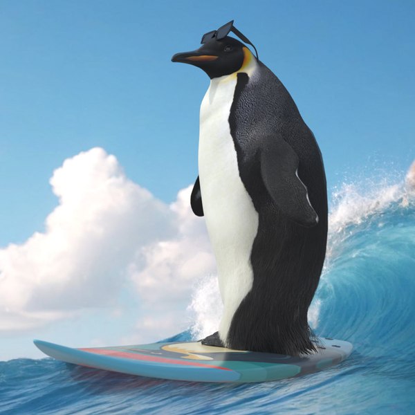 modelo 3d Pingüino emperador Ocean Rider sobre piel de tabla de surf ...