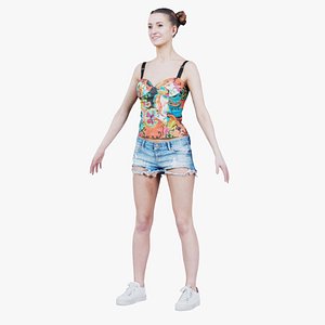 3D Woman in Flower Top Sneakers and Jeans Posing Standard Pose Remastered