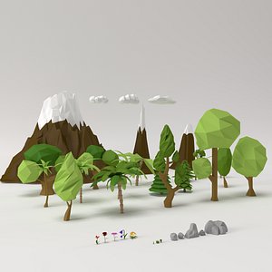 Low poly Trees Flowers Grass Rocks Clouds and Mountains