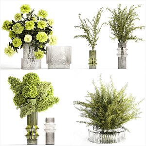 3D Realistic Green Bouquets Flowers Hydrangea Lilac glass vase 635