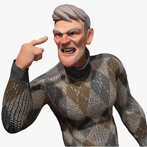 Grumpy elderly man character in winter sweater Artistic Realism Low-poly 3D model