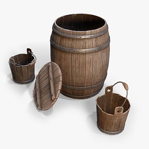 3D Medieval Barrels and bucket