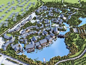 Traditional  Water Town - Canal Village Masterplan with Bridges and Lakes 3D