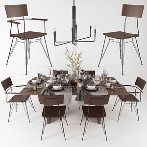 Crate and Barrel Monarch Shiitake Dining Table, Elston Dining Chair, Clive Bronze Chandelier