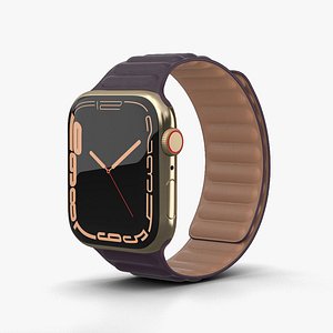 Apple Watch Series 7 45mm Gold Stainless Steel Case with Leather Link 3D
