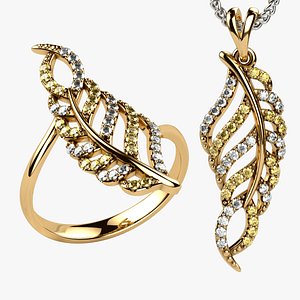 Feather Shape Gold Ring and Pendant Set 3D model