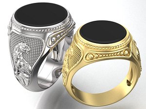 mens ring with tiger and a black stone 3D