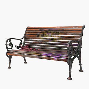 Weathered Park Bench with Graffiti 3D
