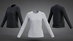 3D model Round-Neck Long-Sleeve Low-Poly T-Shirt - White  Black Textures 3D Model
