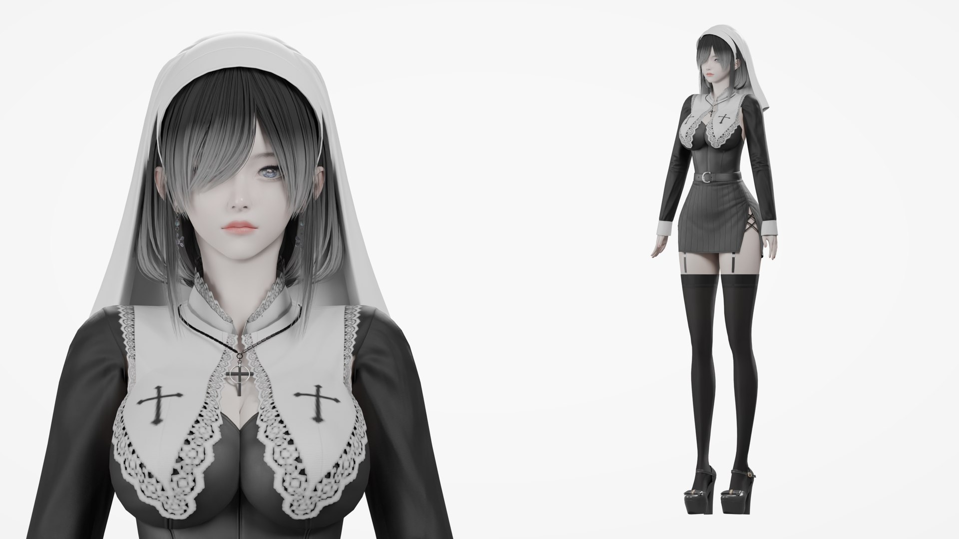 Black-Haired Woman In Gothic Black And White Dress Rigged Character 3D ...