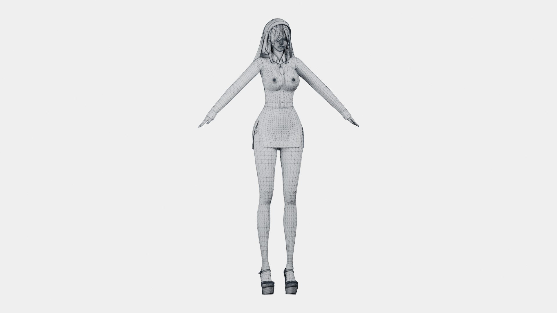 Black-Haired Woman In Gothic Black And White Dress Rigged Character 3D ...