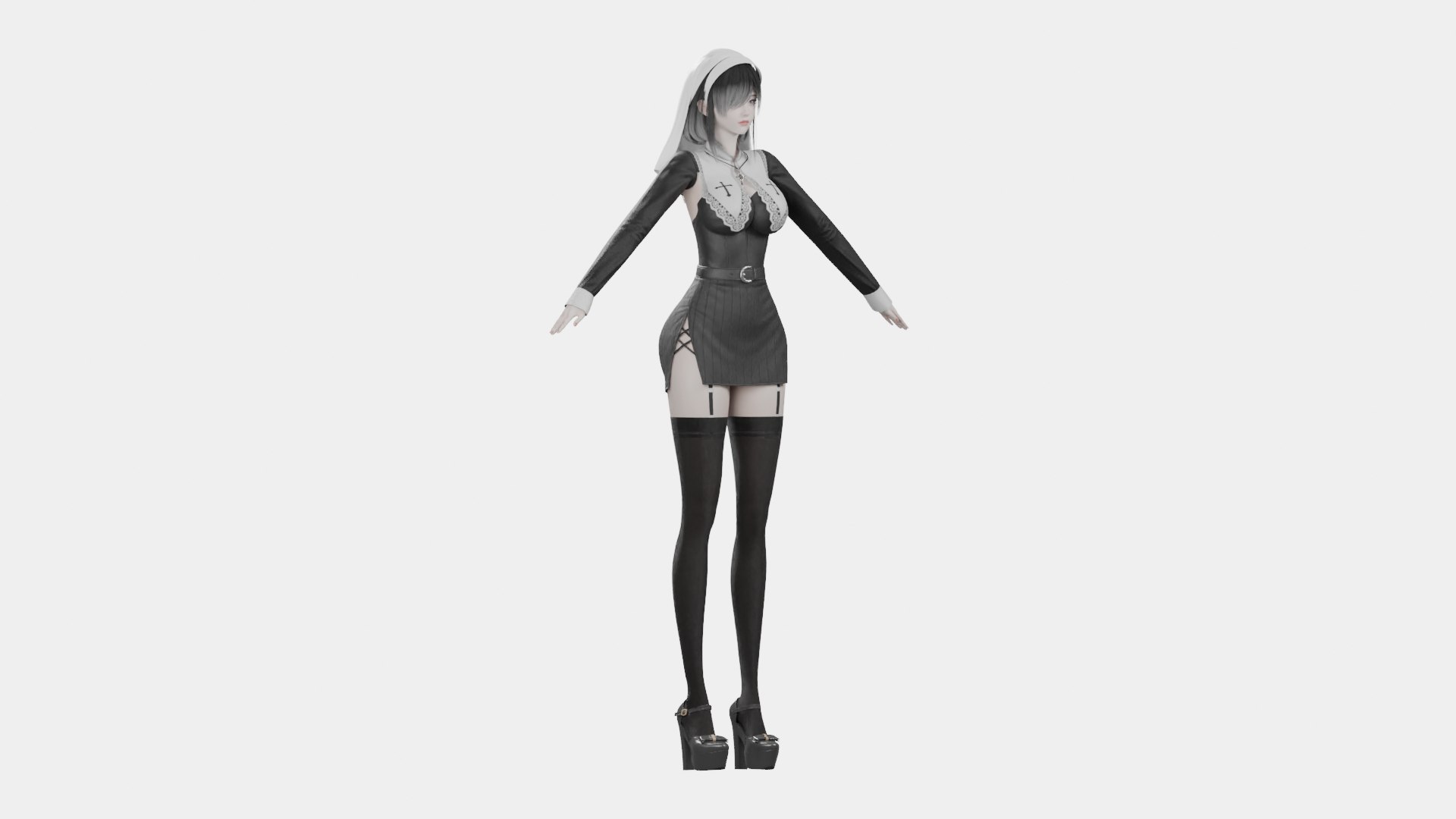 Black-Haired Woman In Gothic Black And White Dress Rigged Character 3D ...