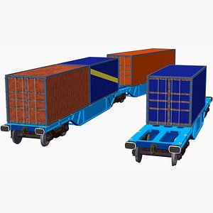 3D 2 flat container railcars with cargo containers
