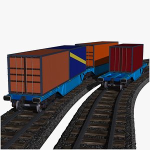 3D 2 flat container railcars with cargo containers