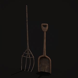 Rustic Medieval Wooden Shovel and Rake 3D model