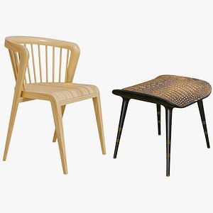 Wooden Dining Chair With Stool Classic 3D model