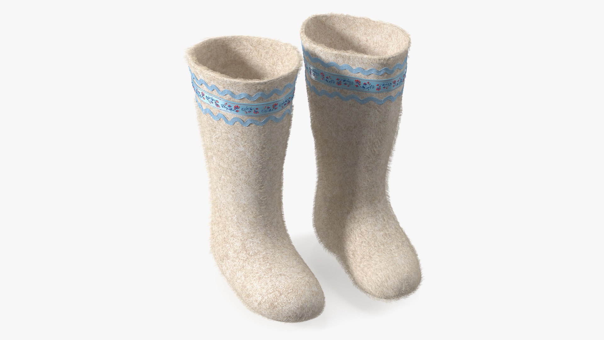 Warm White Felt Boots With Embroidery Fur 3D model preview