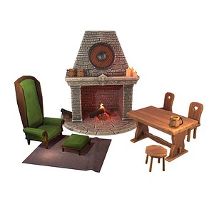 3D model Medieval fantasy tavern fireplace lowpoly stylized asset Low-poly 3D model