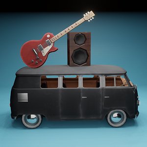 Kombi with Guitar on the roof low poly 3D