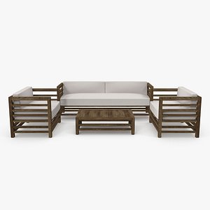 3D Set of Wood Outdoor Sofas and Table