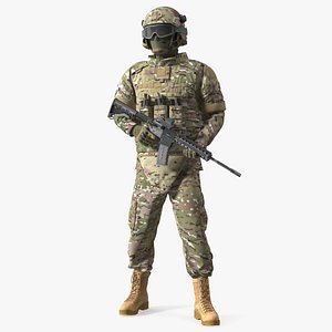 3D model Soldier in Green Tactical Gear with Goggles Standing Fur