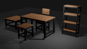 3D Low Poly Furniture Set Industrial Wooden  Metal Props model