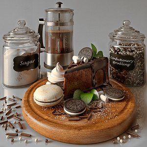 3D model Kitchen decor set with cofee and cheescake