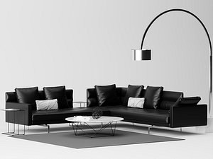 Modern Black Leather Sectional Sofa Set 3D Model