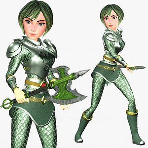 Cartoon Rigged Medieval Warrior Girl-Lebu Character 3D Model