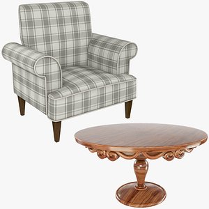 3D Vintage Checkered Armchair and Coffee Table Collection V1