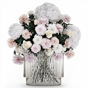 3D Bouquet of white flowers in a vase hydrangea peony 492