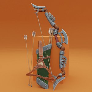 3D model Fantasy Wooden bow with armor blades and stylized quiver