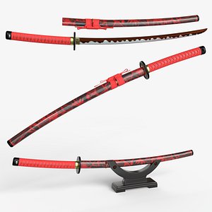 3D Red Katana a Saya a Sageo and Stand