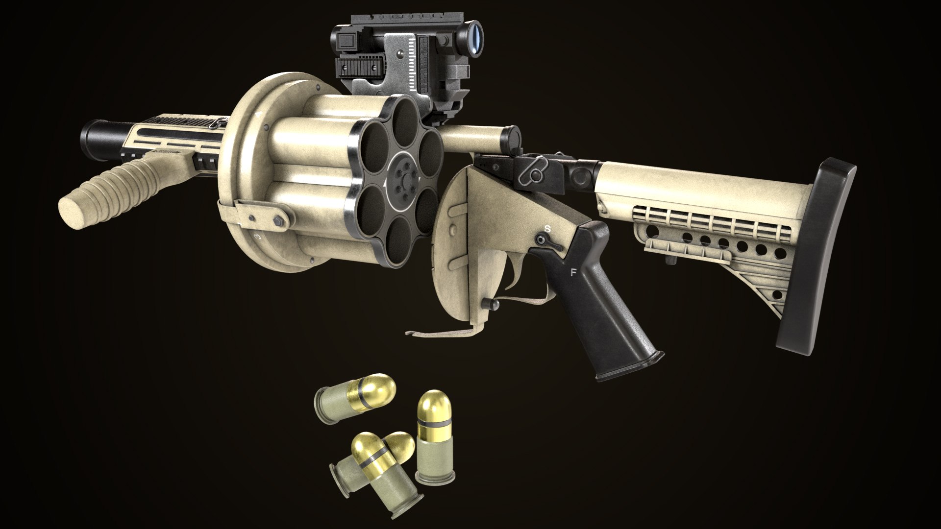 Grenade Launcher Gun PBR Unity UE V-Ray Textures Included 3D model https://p.turbosquid.com/ts-thumb/1I/yZ0MlW/3N/gun06_00024/jpg/1657249668/1920x1080/fit_q87/d1c4a64f19dd05751f308e8f80e691d266e399e9/gun06_00024.jpg