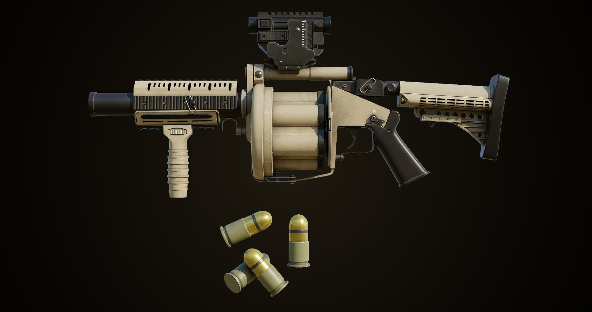 Grenade Launcher Gun PBR Unity UE V-Ray Textures Included 3D model https://p.turbosquid.com/ts-thumb/1I/yZ0MlW/A1/gun06/jpg/1657028772/1920x1080/turn_fit_q99/741fa0f27c2acbb127caf40a762c742d65ec974f/gun06-1.jpg