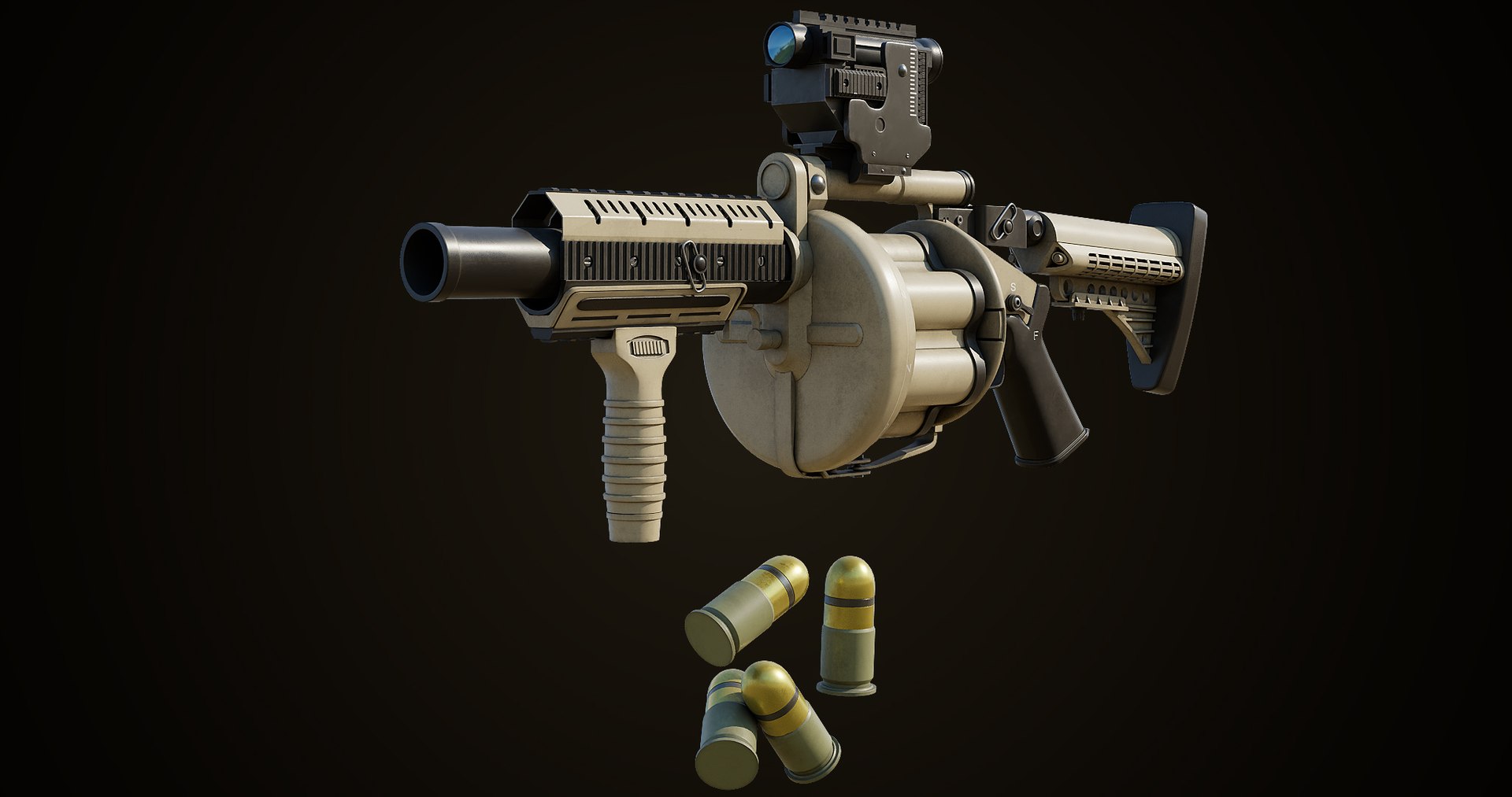 Grenade Launcher Gun PBR Unity UE V-Ray Textures Included 3D model https://p.turbosquid.com/ts-thumb/1I/yZ0MlW/GG/gun06_0036/jpg/1657028867/1920x1080/fit_q87/ea74c439252279102547408a42c9f347f90c250b/gun06_0036.jpg