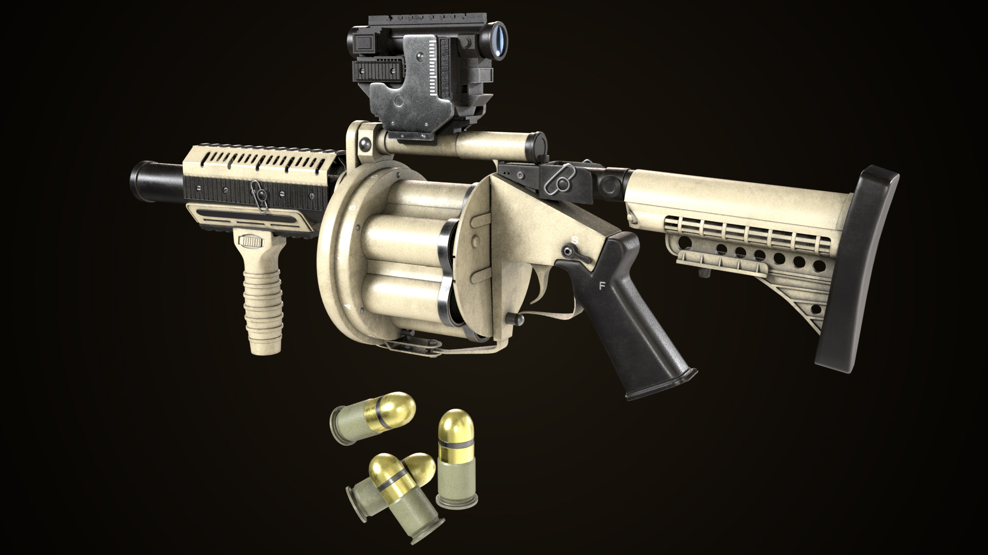 Grenade Launcher Gun PBR Unity UE V-Ray Textures Included 3D model https://p.turbosquid.com/ts-thumb/1I/yZ0MlW/HN/gun06/jpg/1657249128/1920x1080/turn_fit_q99/9b6b2ac52091d87acb8c7bed502974ef380acdaa/gun06-1.jpg