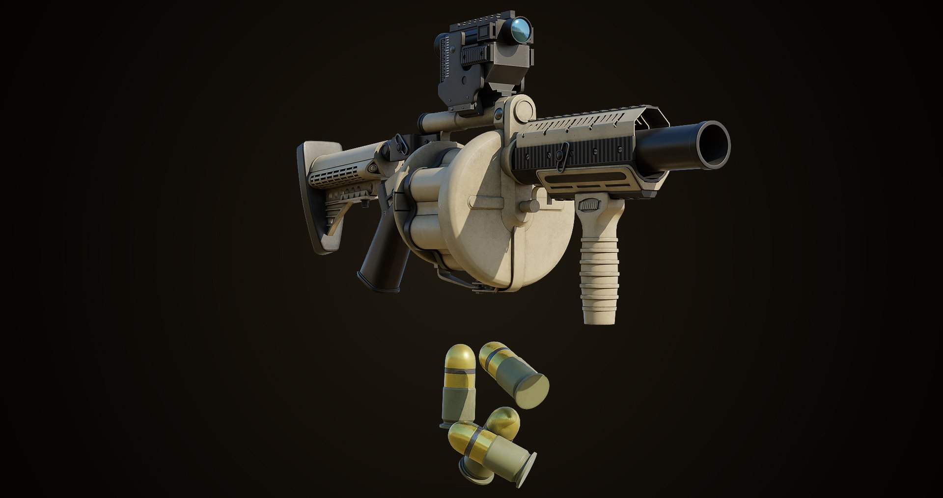 Grenade Launcher Gun PBR Unity UE V-Ray Textures Included 3D model https://p.turbosquid.com/ts-thumb/1I/yZ0MlW/Ox/gun06_0008/jpg/1657028727/1920x1080/fit_q87/e43c0540a26d1d4dec394280d65173b1d6bf3fb0/gun06_0008.jpg
