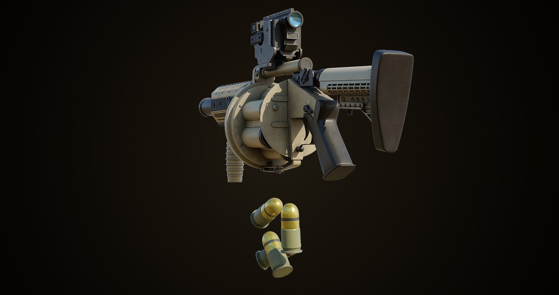 Grenade Launcher Gun PBR Unity UE V-Ray Textures Included 3D model https://p.turbosquid.com/ts-thumb/1I/yZ0MlW/e0/gun06_0019/jpg/1657028742/1920x1080/fit_q87/1b47cec0636d0ec80196701b91bded2336c4a5fd/gun06_0019.jpg